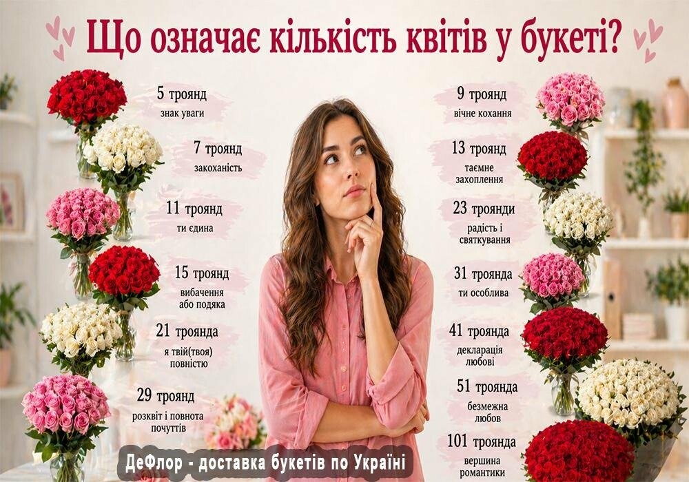 інфографіка зі значенням кількості троянд у букеті та дівчиною, що обирає квіти